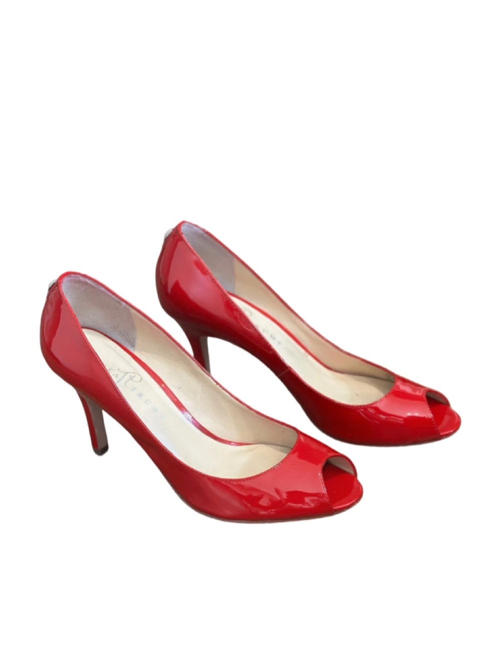 Red Patent Leather Open-Toe Pumps, glossy shine, size 9